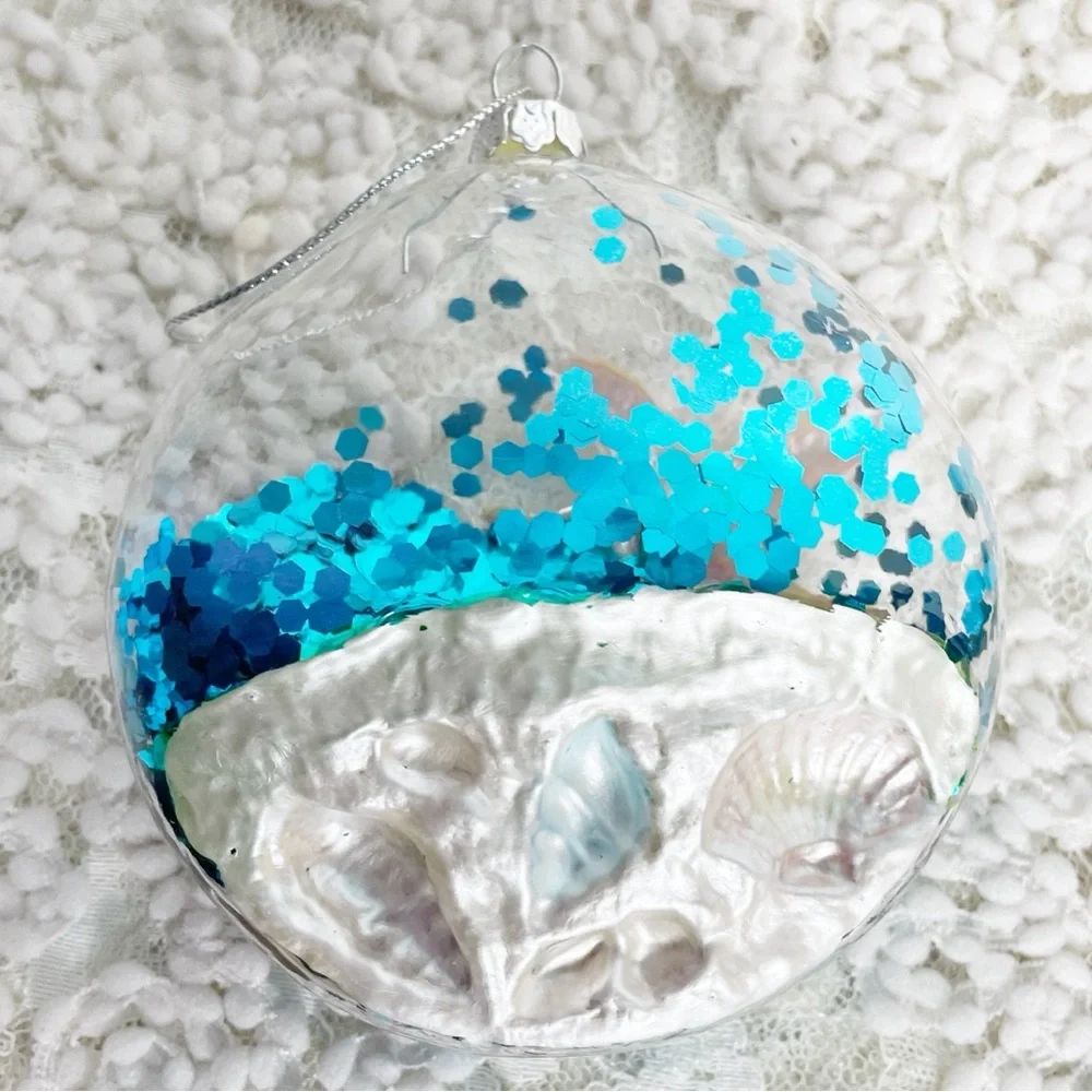 Pottery Barn Glass Starfish And Seashells With Blue Glitter Ornament Coastal